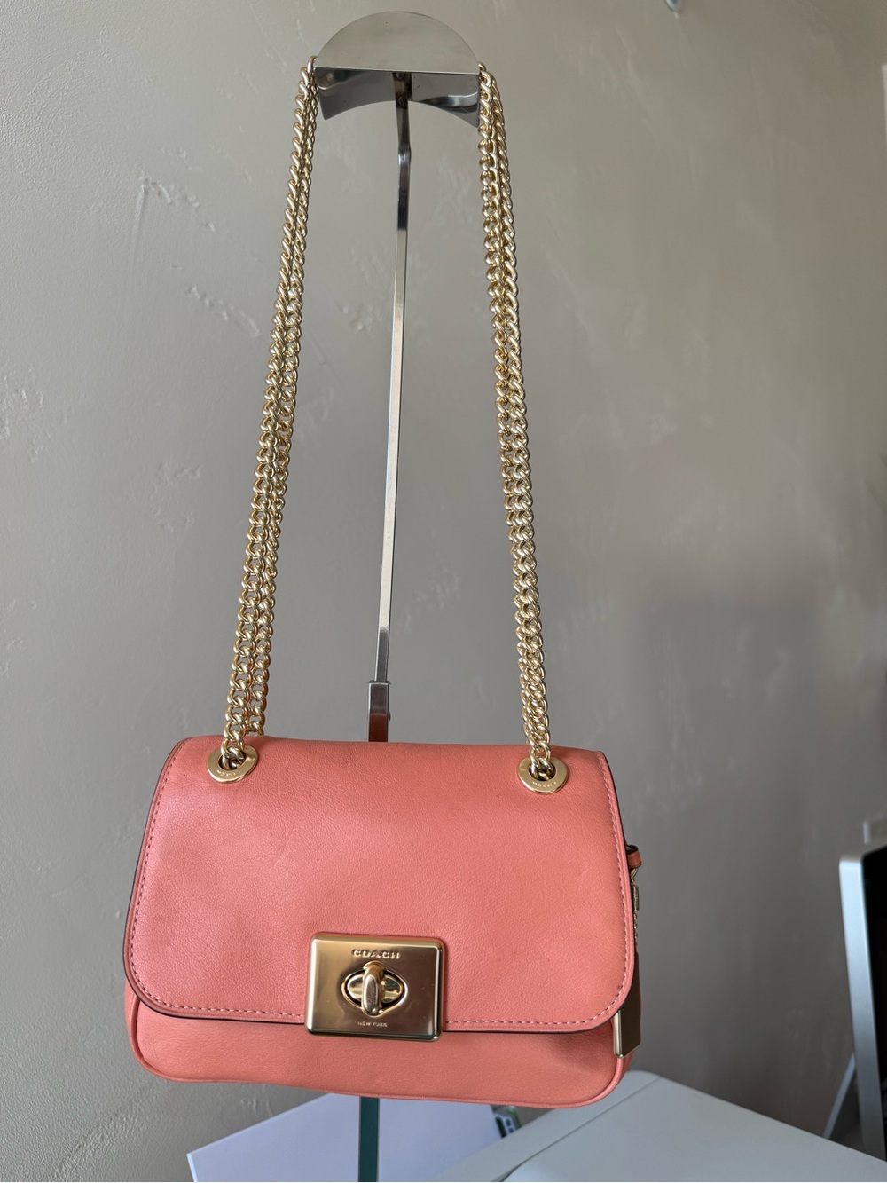 Coach Coral-Pink Leather Shoulder Bag with Gold Chain